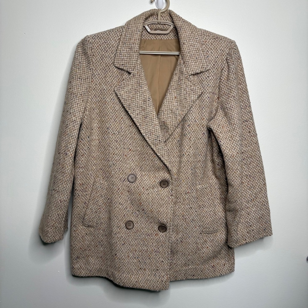 Vintage 80s Haband For Her Tan Tweed Jacket Double Breasted‎ Wool Blend USA Sz L